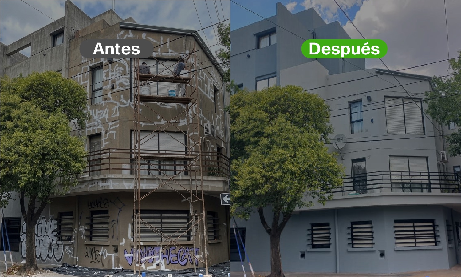 Antes y después de la puesta en valor del edificio de 6 y 67, La Plata